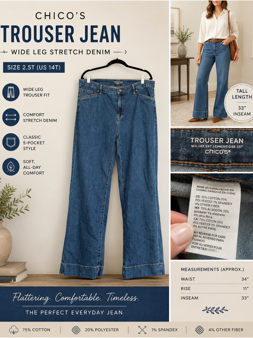 Chico’s Trouser Jean Wide Leg Stretch Denim Jeans Size 2.5T (US 14T)